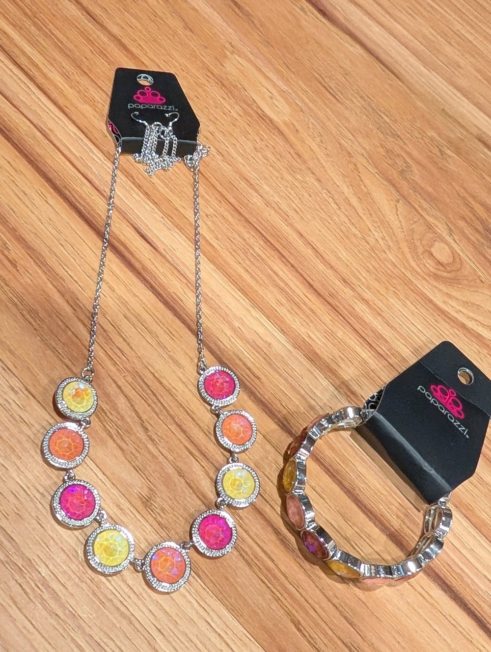 paparazzi Silver Necklace & Bracelet Set with Pink, Orange and Yellow Accents